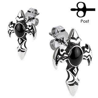 Pair of Stainless Steel Black Tribal CZ Gem Cross Crucifix Earrings Studs - Pierced Universe