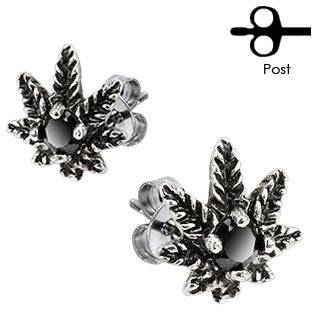 Pair of Stainless Steel Black Weed Pot Leaf Stud Earrings - Pierced Universe