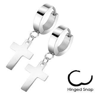 Pair of Stainless Steel Cross Crucifix Dangling Hinged Snap On Hoop Earrings - Pierced Universe
