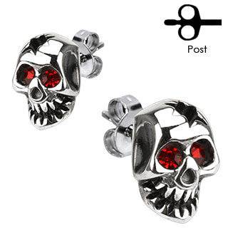 Pair of Stainless Steel Skull CZ Gem Earrings Studs - Pierced Universe