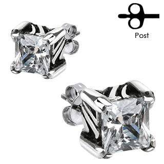 Pair of Stainless Steel Tribal Square CZ Gem Earrings Studs - Pierced Universe