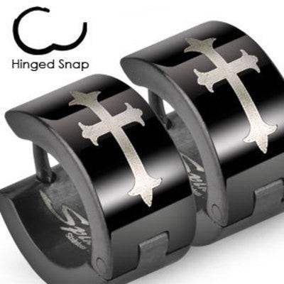 Pair of Surgical Steel Black Hoops with Medieval Cross Hinged Snap Earrings - Pierced Universe