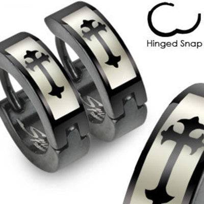 Pair of Surgical Steel Black Hoops with Medieval Cross Print Hinged Snap Earrings - Pierced Universe