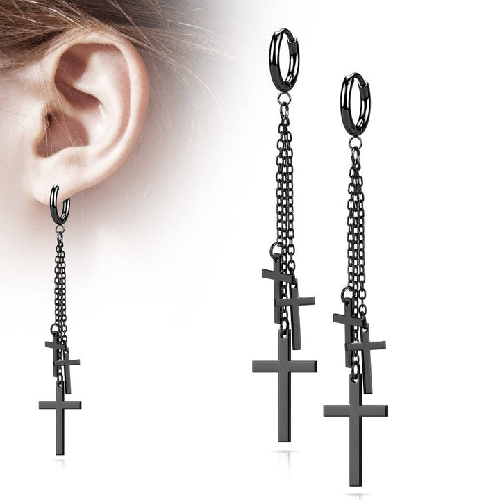 Pair Of Surgical Steel Black PVD Thin Hoop Earrings With Dangling Chains & Crosses - Pierced Universe