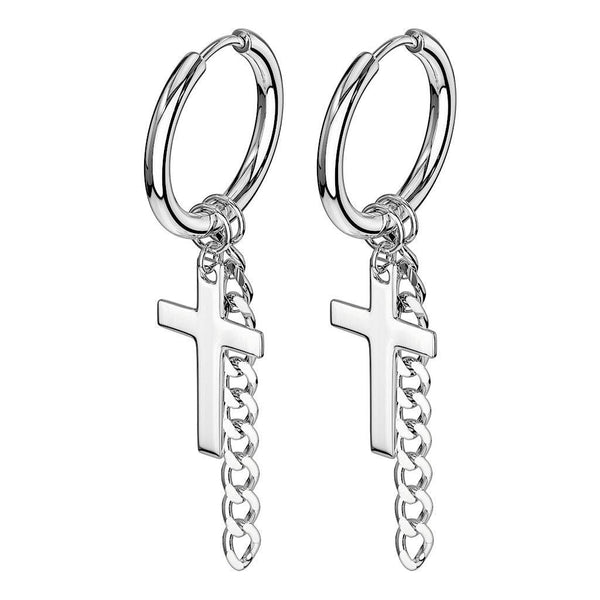 Pair of Surgical Steel Cross & Chain Dangle Hoop Earrings - Pierced Universe