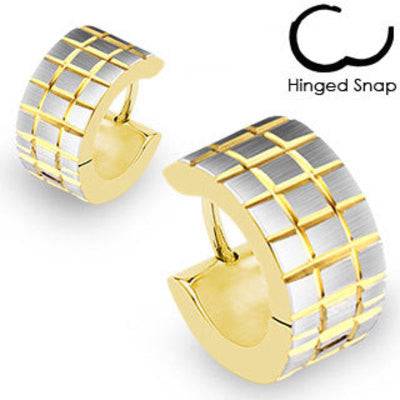 Pair of Surgical Steel Gold Plated Hoop Earrings Two Tone Gold And Steel Checker Hinged Snap - Pierced Universe