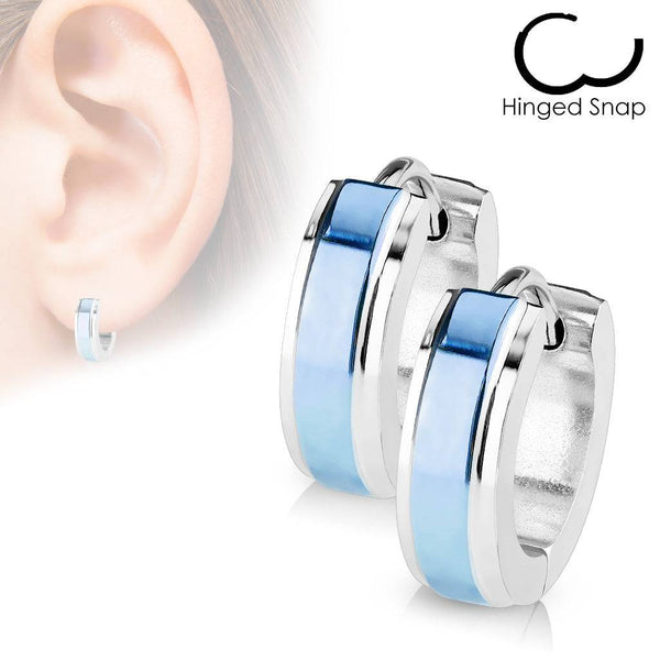 Pair of Surgical Steel Hoop Earrings with Blue Stripe Centre - Pierced Universe