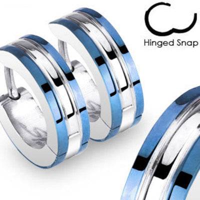 Pair of Surgical Steel Hoops Two Tone Steel and Blue Hinged Snap Earrings - Pierced Universe