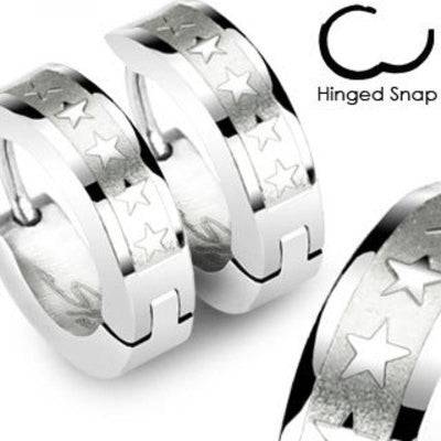Pair of Surgical Steel Hoops with 5 Star Design Earrings Hinged Snap - Pierced Universe