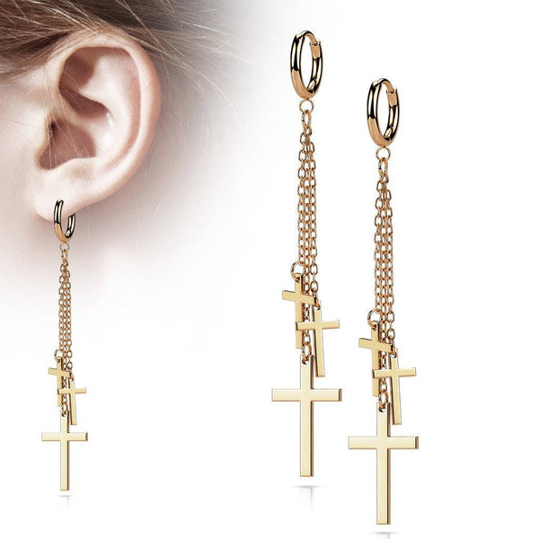 Pair Of Surgical Steel Rose Gold PVD Thin Hoop Earrings With Dangling Chains & Crosses - Pierced Universe