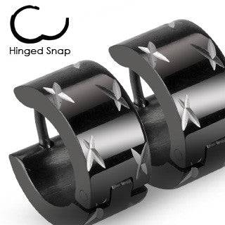 Pair of Thick Black Surgical Stainless Steel Barbed Wire Design Hinged Snap On Hoop Earrings - Pierced Universe