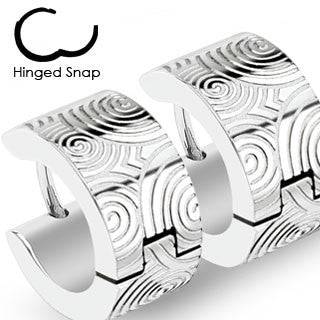 Pair of Thick Stainless Steel Circle Design Hinged Snap On Hoop Earrings - Pierced Universe