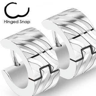 Pair of Thick Stainless Steel Striped Design Hinged Snap On Hoop Earrings - Pierced Universe