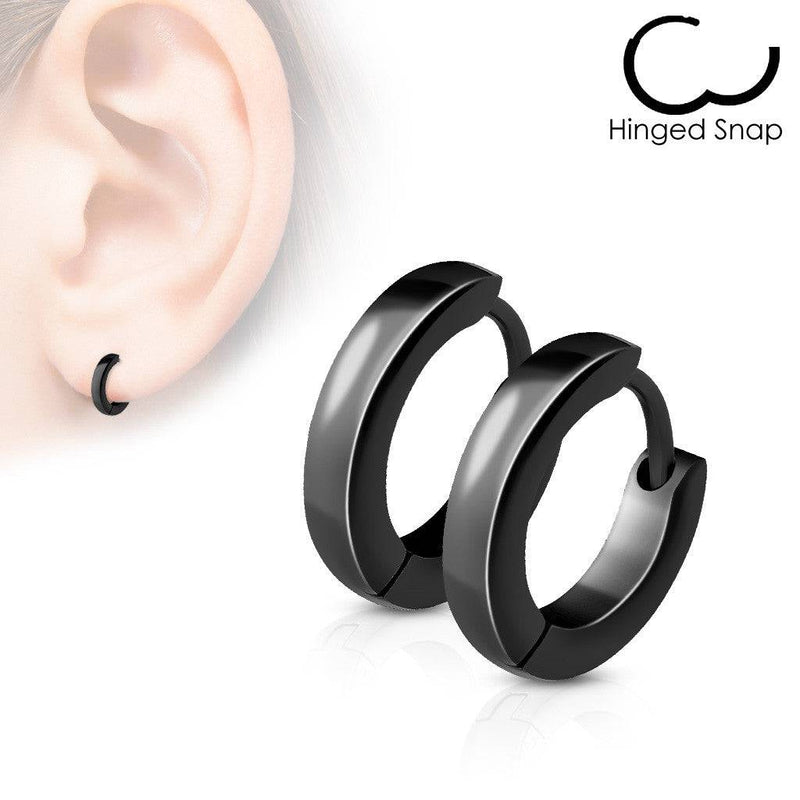 Pair of Thin Black Surgical Steel Rounded Hinged Hoop Earrings - Pierced Universe