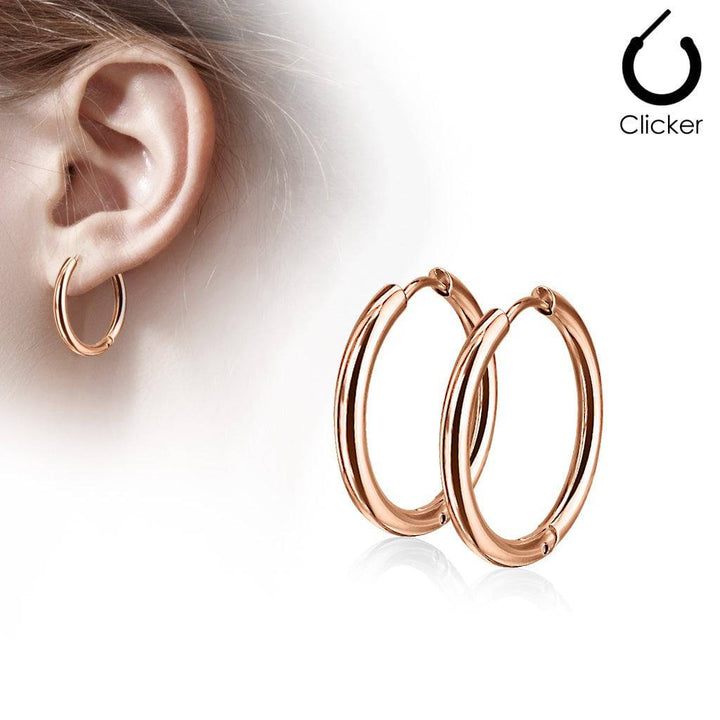 Pair of Thin Rose Gold Plated Surgical Steel Earring Hoops - Pierced Universe