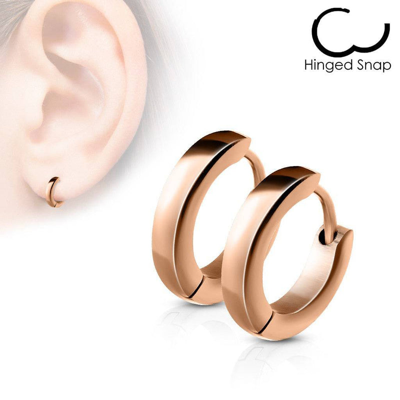 Pair of Thin Rose Gold Surgical Steel Rounded Hinged Hoop Earrings - Pierced Universe