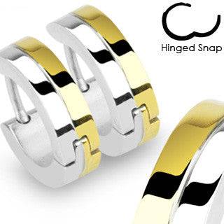 Pair of Two Tone Gold Plated Stainless Steel Hinged Snap On Hoop Earrings - Pierced Universe