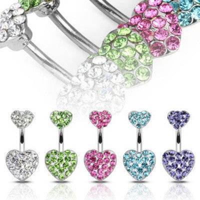 Paved Double Heart CZ Gemmed Belly Button Navel Ring - Pierced Universe