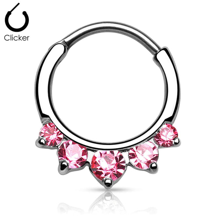 Pink 5 Prong Set CZ Round Septum Ring Curved 316L Surgical Steel Bar Clicker - Pierced Universe
