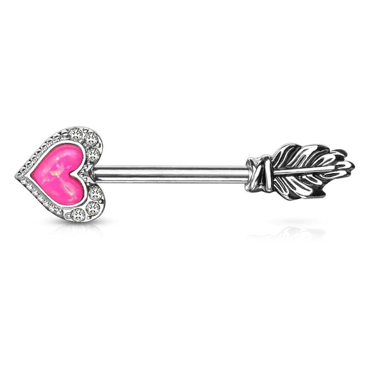 Pink Opal Heart & Feather Arrow Surgical Steel Nipple Ring Barbell - Pierced Universe