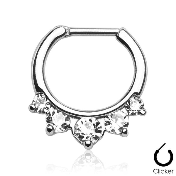 Prong Set 5 Gem White CZ 316L Surgical Steel Bar Septum Ring Clicker - Pierced Universe