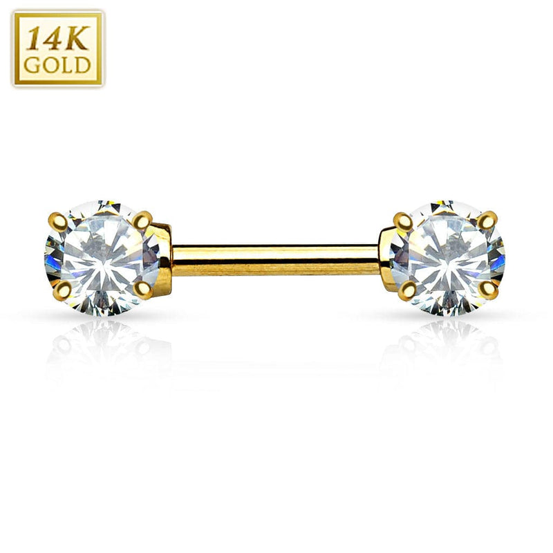Real Solid 14KT Gold Double Front Facing CZ Gem Nipple Ring Barbell - Pierced Universe