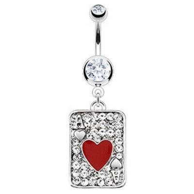 Red Ace of Hearts Poker Casino Card CZ Gem Belly Button Navel Ring Dangle - Pierced Universe