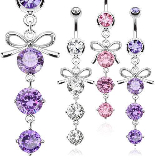 Ribbon with Round CZ Triple Drop Belly Button Navel Ring Dangle - Pierced Universe