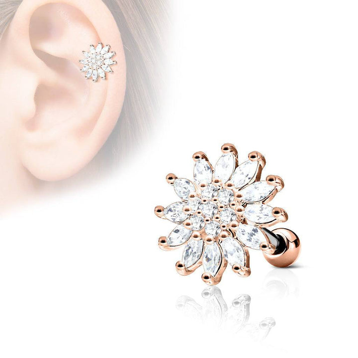 Rose Gold IP Surgical Steel Large Flower White CZ Cartilage Helix Barbell - Pierced Universe