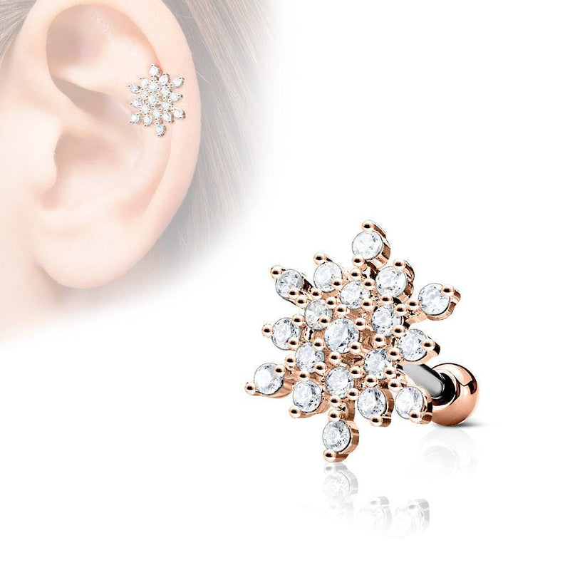 Rose Gold IP Surgical Steel Large Snow Flake White CZ Cartilage Helix Barbell - Pierced Universe