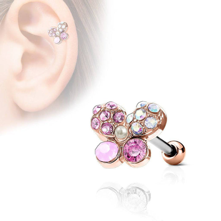 Rose Gold IP Surgical Steel Multi Crystal Butterfly Ear Cartilage Barbell - Pierced Universe