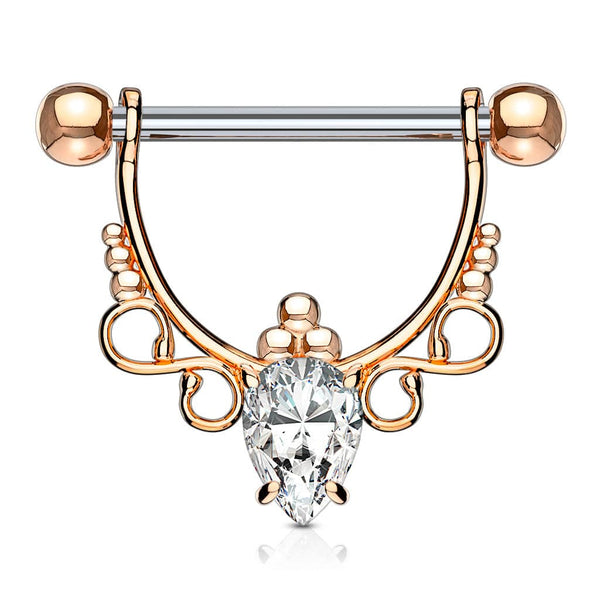 Rose Gold IP Surgical Steel with White Pear CZ Dangle Nipple Ring Barbell Rose Gold IP Surgical Steel with White Pear CZ Dangle Nipple Ring Barbell