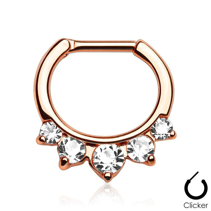 Rose Gold Plated Prong Set 5 Gem White Clear CZ 316L Surgical Steel Bar Septum Ring Clicker - Pierced Universe