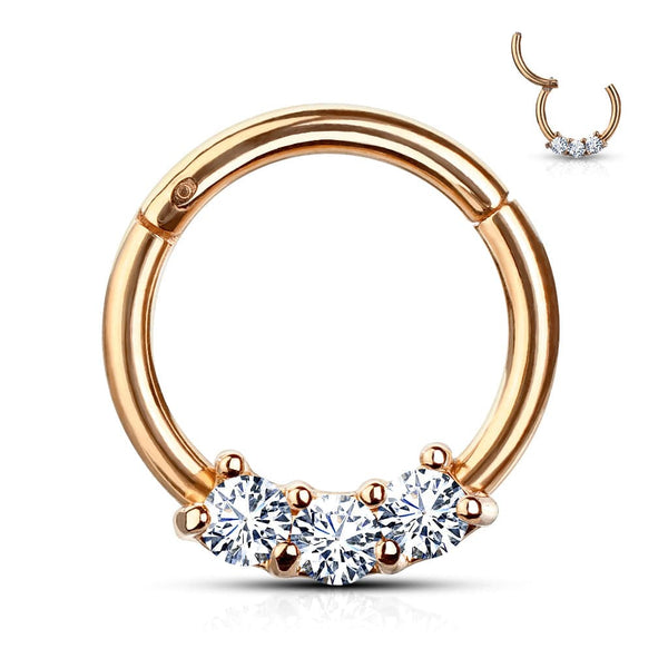 Rose Gold Plated Surgical Steel 3 Gem White CZ Hinged Septum Ring Clicker - Pierced Universe