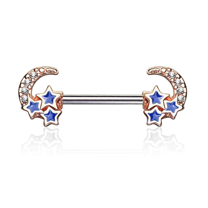 Rose Gold Plated Surgical Steel Crescent Moon & Blue Stars Nipple Ring Barbell - Pierced Universe
