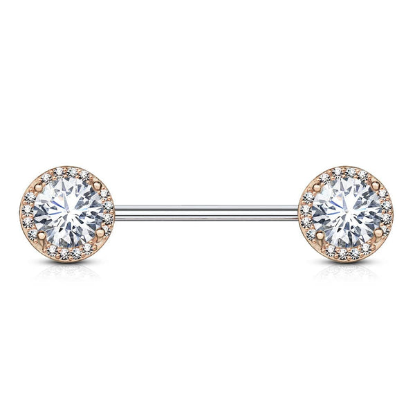 Rose Gold Plated Surgical Steel CZ Centre Pave Nipple Ring Barbell - Pierced Universe