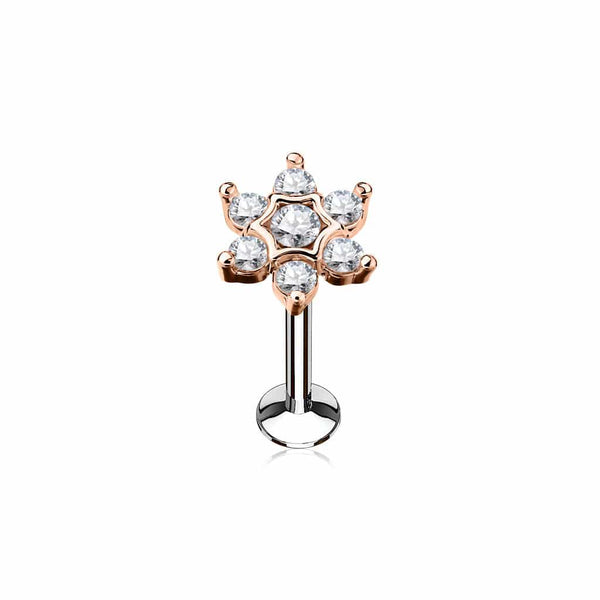 Rose Gold Plated Surgical Steel Internally Threaded White CZ Flower Labret - Pierced Universe