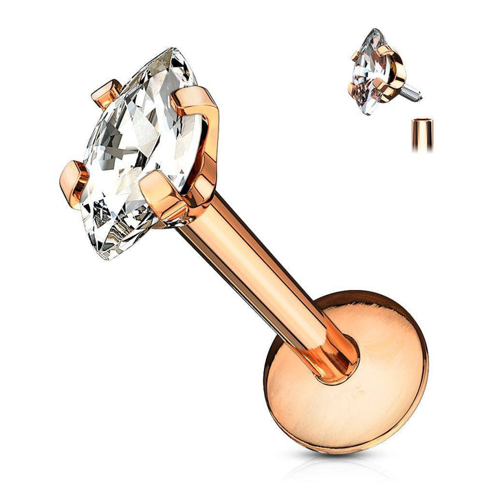 Rose Gold Plated Surgical Steel Marquise White CZ Internally Threaded Labret - Pierced Universe