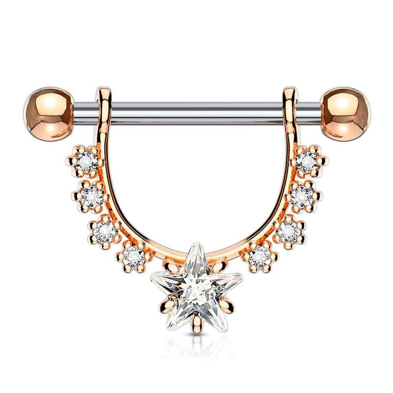 Rose Gold Plated Surgical Steel Star Dangle White CZ Nipple Ring Barbell - Pierced Universe