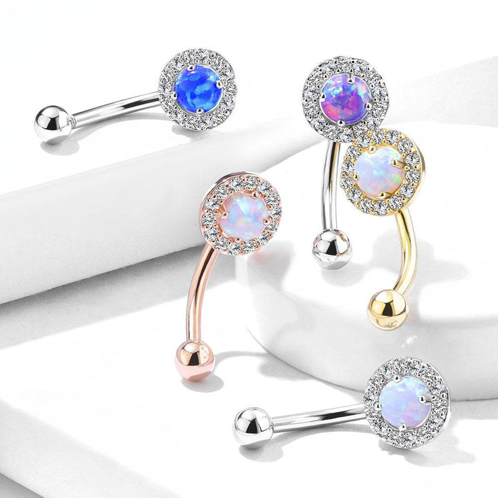 Rose Gold Plated Surgical Steel White CZ Gem Cluster & White Opal Curved Barbell - Pierced Universe