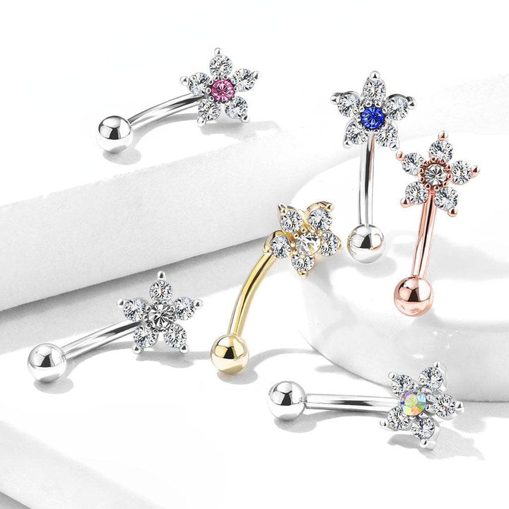 Rose Gold Plated Surgical Steel White Flower Curved Barbell - Pierced Universe