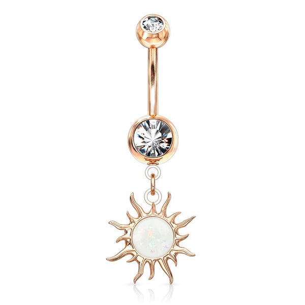 Rose Gold Plated Surgical Steel White Glitter Opal Tribal Sun Belly Button Ring - Pierced Universe