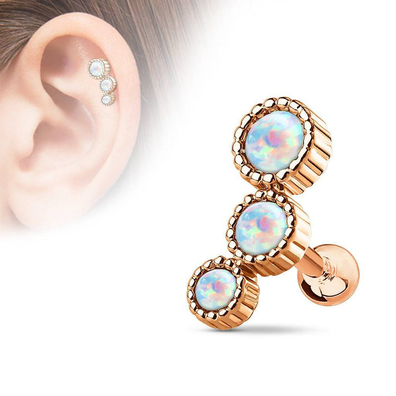 Rose Gold Plated Surgical Steel White Opal 3 Gem Cartilage Ring - Pierced Universe