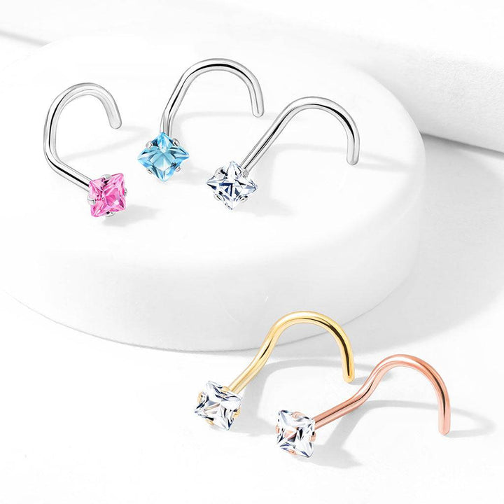 Rose Gold Plated Surgical Steel White Square CZ Gem Corkscrew Nose Ring Stud - Pierced Universe