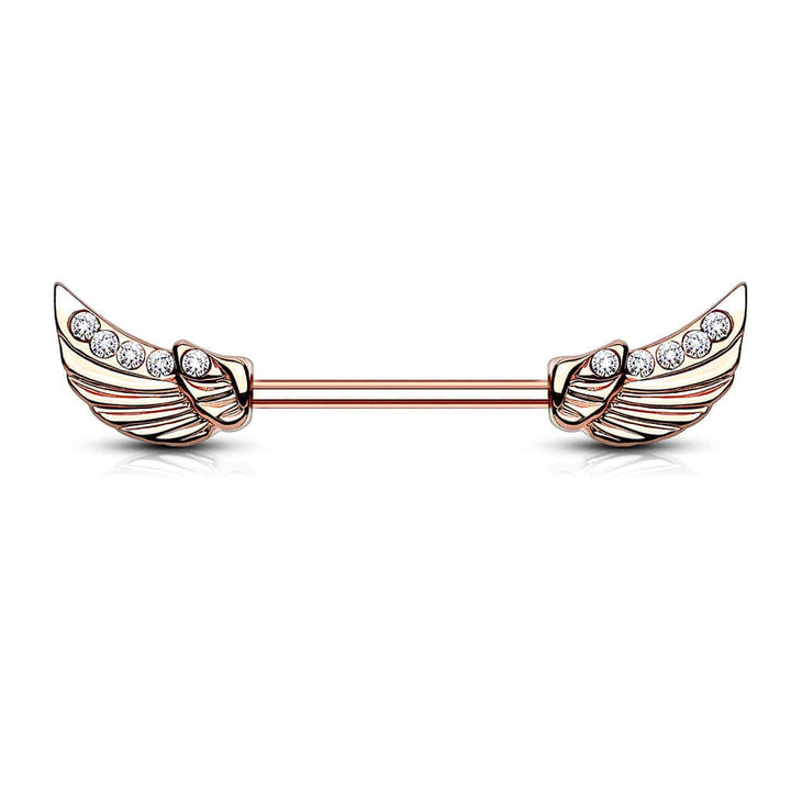 Rose Gold Plated Surgical Steel Wing Nipple Ring with White Gems - Pierced Universe