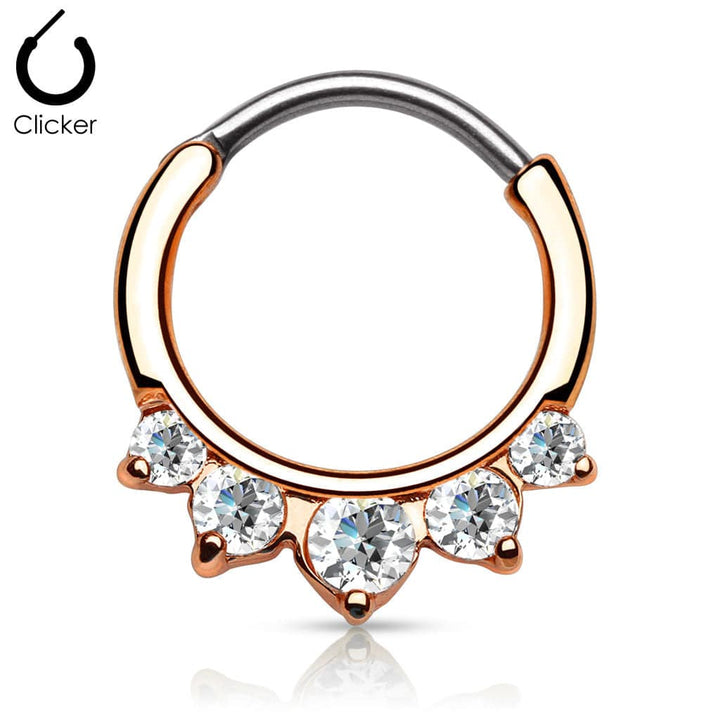 Rose Gold Plated White Clear 5 Prong Set CZ Round Septum Ring Curved 316L Surgical Steel Bar Clicker - Pierced Universe