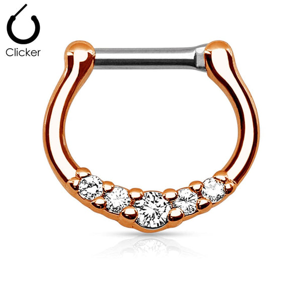 Rose Gold PVD 5 Prong White CZ Septum Ring Surgical Steel Bar Clicker - Pierced Universe