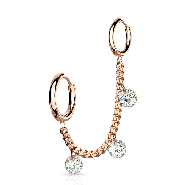 Rose Gold PVD Surgical Steel Chain Link Double Hoop Earring with White CZ Gem Dangle - Pierced Universe
