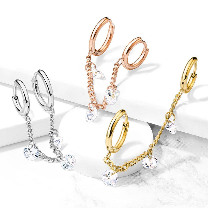 Rose Gold PVD Surgical Steel Chain Link Double Hoop Earring with White CZ Gem Dangle - Pierced Universe