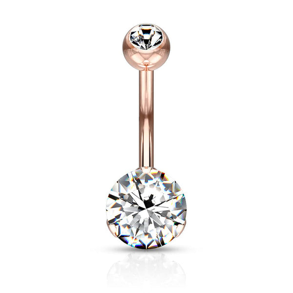Rose Gold PVD Surgical Steel Classic White 8mm CZ Gem Belly Ring - Pierced Universe